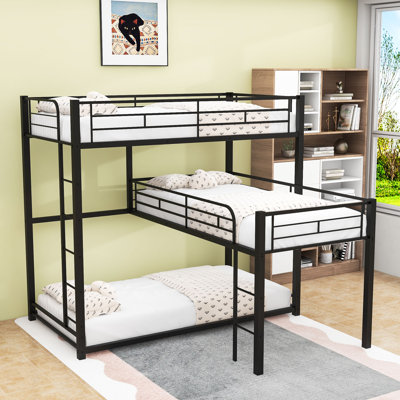 L-Shaped Metal Triple Twin Over Twin Over Twin Bunk Bed With Guardrails And Ladder