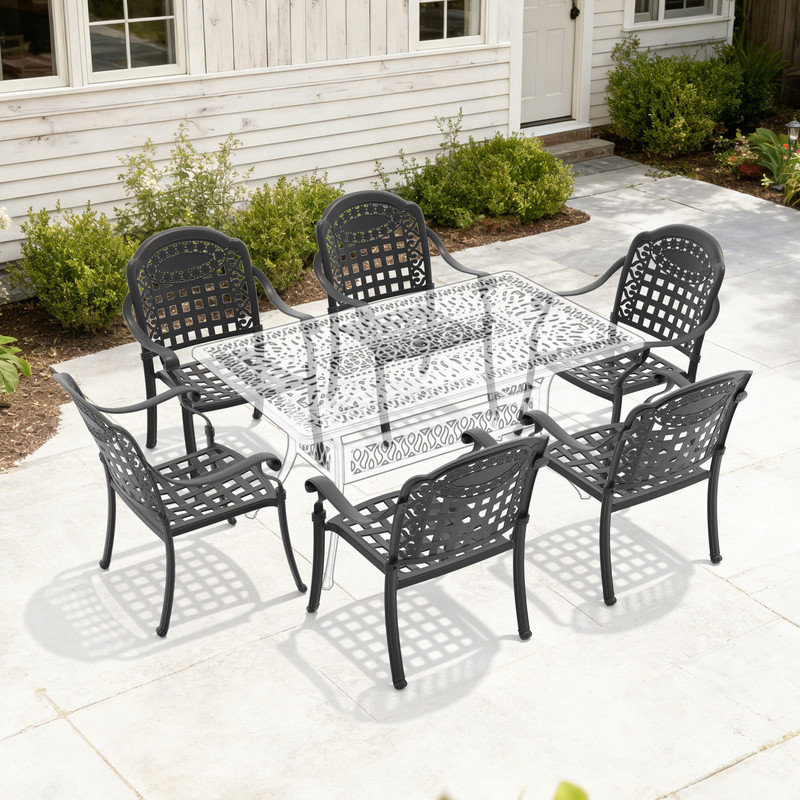 Lot de 6 chaises de salle à manger empilables d'extérieur avec structure en aluminium moulé et coussins bleus, Bleu