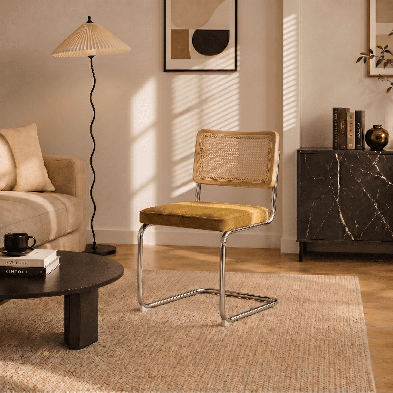 Chaise d'appoint en porte-à-faux avec dossier en rotin de canne et structure en acier, Yellow