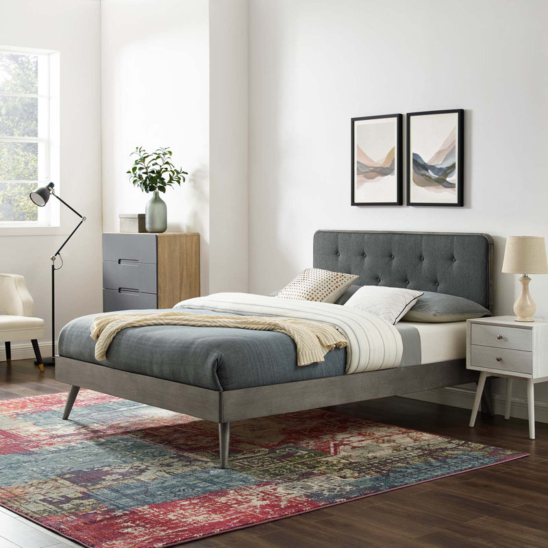 Lit plateforme en bois Bridgette avec pieds évasés, Gris/gris anthracite, Grand