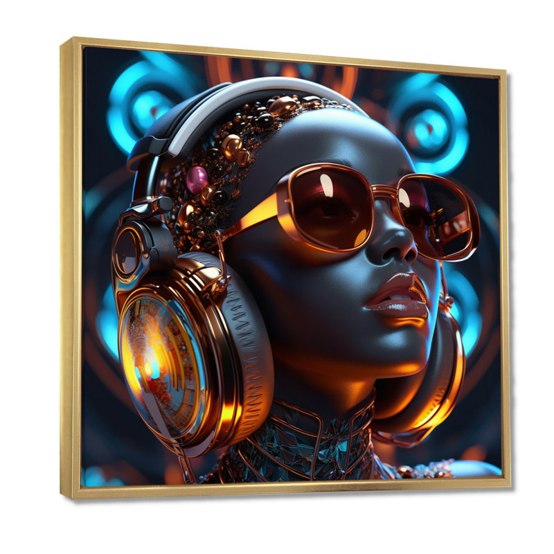 «Cool Afro DJ», reproduction d'art mural, H 30 po x l 30 po x P 1 po, Toile avec cadre flottant or