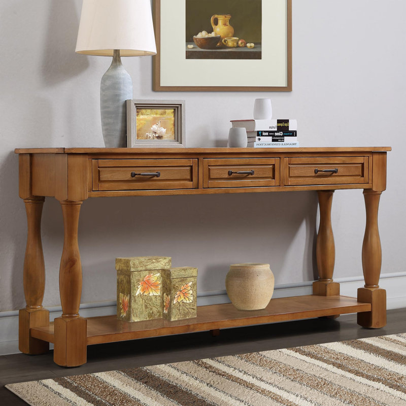 Longue console en bois avec tiroirs et tablette inférieure, Brun