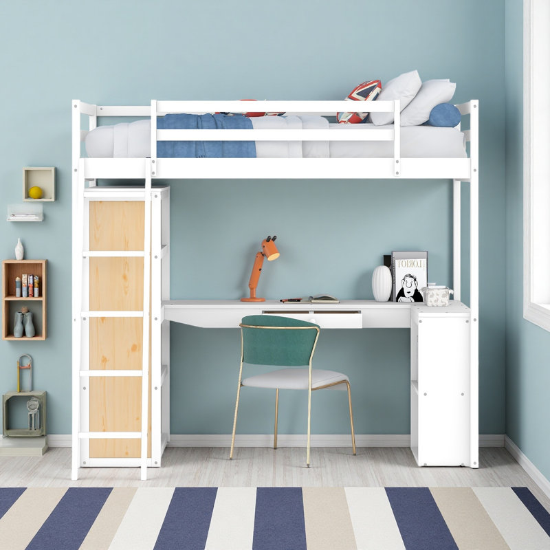 Lit mezzanine avec échelle, tablettes et bureau, Blanc
