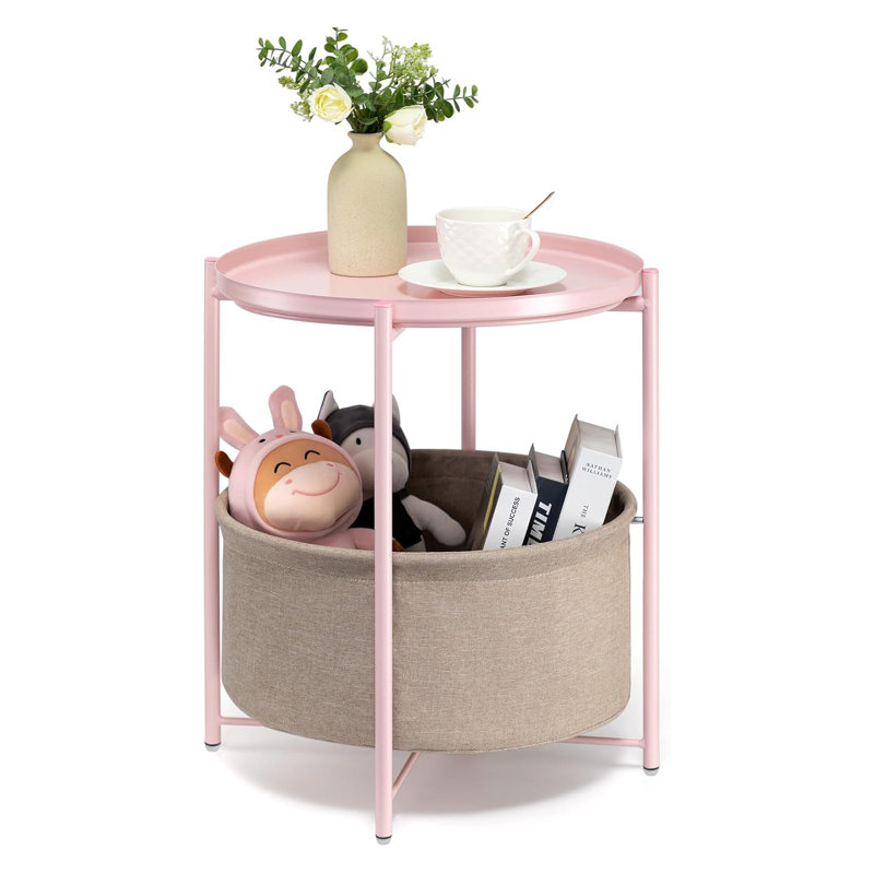 Table d'appoint avec table de chevet avec panier de rangement en tissu, Rose