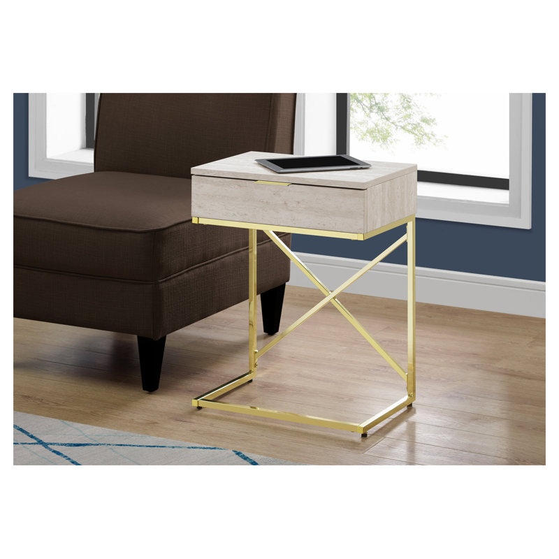 Table d'appoint moderne avec tiroir de rangement - table d'appoint en métal doré aspect marbre beige, table de bout pour le salon, table de chevet pour la chambre à coucher