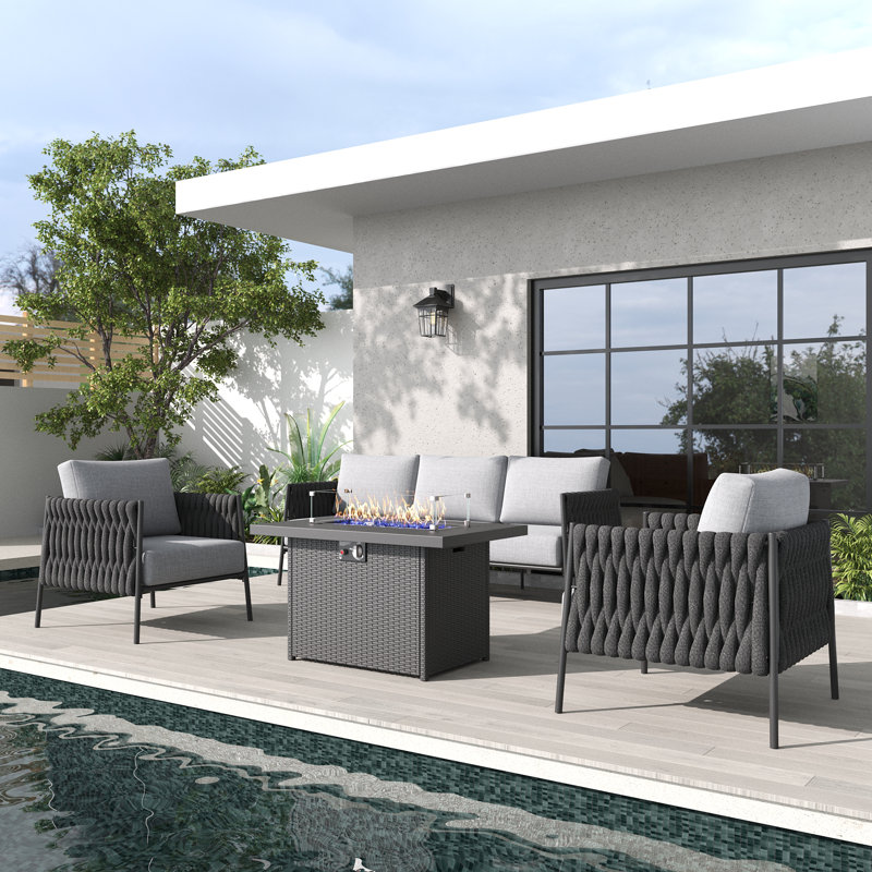 4 Piece Outdoor Furniture Set with Fire Pit Table, Modern Rope Woven Patio Conversation Sofa Set with Olefin Braid and Deep Seating
