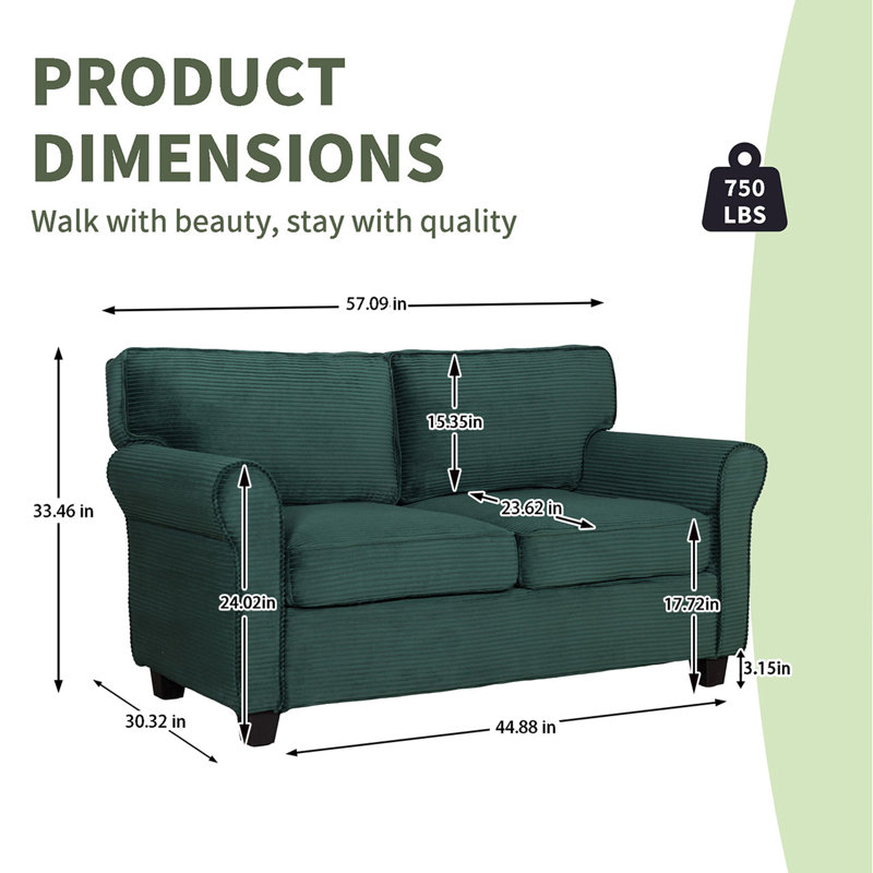 57"modern 2-seater Corduroy Sofa, Green