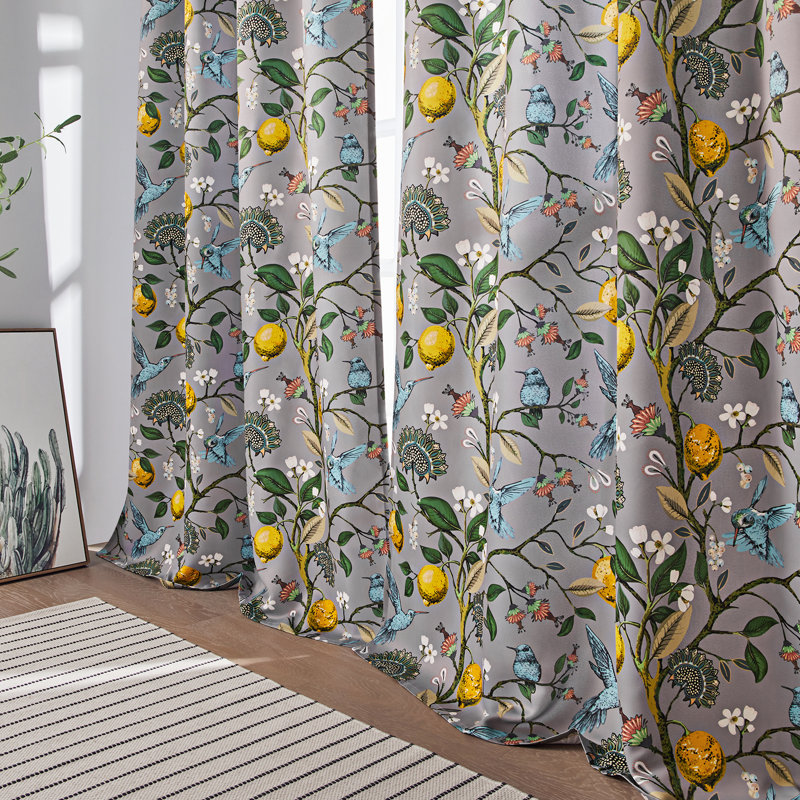 Fancy Hummingbird Patterned  Room Darkening Curtain,Rod Pocket Back Tab Floral Drapes,Set of 2, Gray, 52" W x 63" L