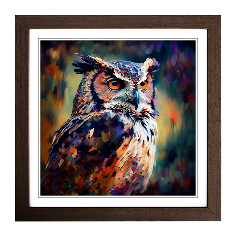 Owl Neo-Impressionism - Single Picture Frame Print on Wood, Walnut