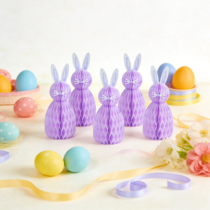 Ensemble de 5 décorations de Pâques en papier de lapin de 7,8 po, Mauve