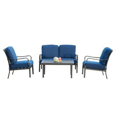 Outdoor 4 Pcs Patio Conversation Set, Metal Dining Table And Chairs Dining Set With Removable Navy Blue Cushions For Garden Lawn Yard