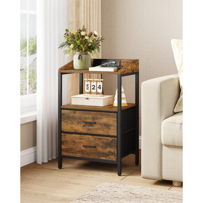 Bedside Table with LED Lights and Charging Station, Bedside Cabinet with 2 Fabric Storage Drawers, Nightstand with USB Ports & TypeC for Bedroom, Livingroom