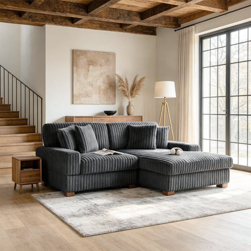 Stephania 2 - Piece Upholstered Gray Faux Rabbit Fur Flannel Modular Sectional Sofa with Armrests & Throw Pillows