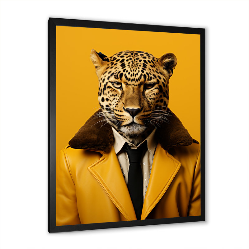 Art mural jaune guépard III, Cadre simple noir, H 32 po x l 24 po x P 1 po