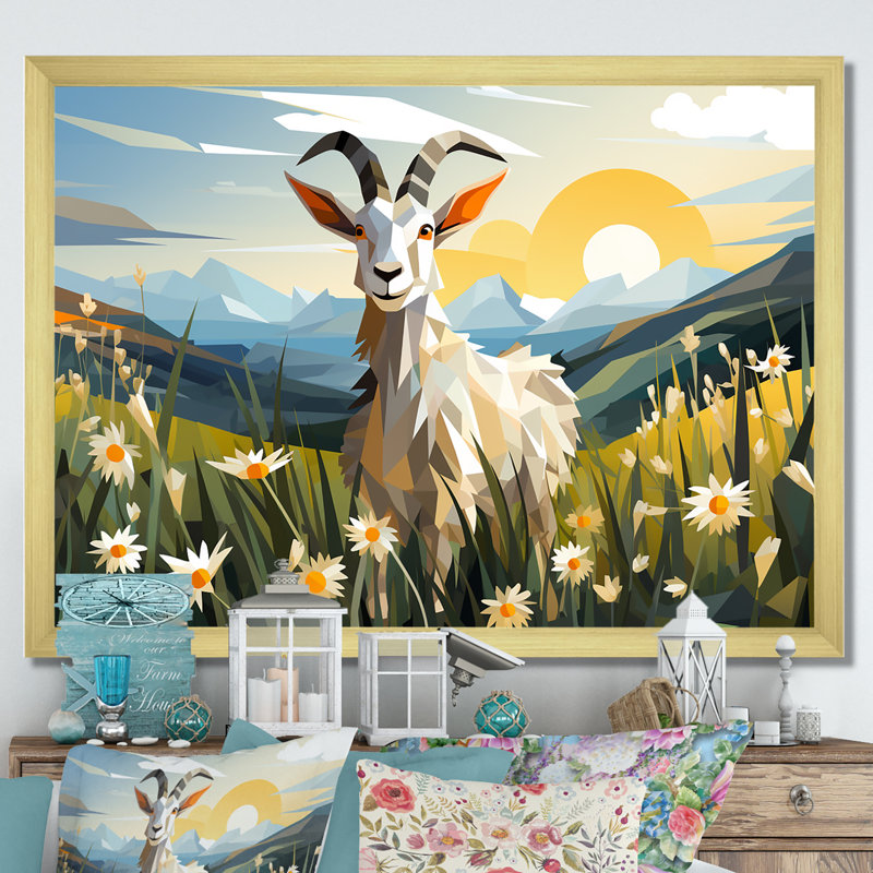 «Goat Pasture Patterns III», art mural animal de chèvre, Cadre d'angle fermé doré, H 34 po x l 44 po x P 1,5 po