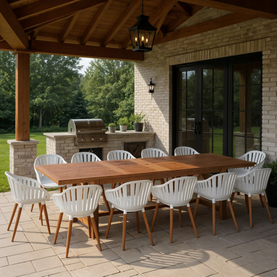 Whately 13-Piece Outdoor Rectangular Extendable Dining Table And Chairs Set | Eucalyptus Wood | Ideal For Patio, Brown Table & White Chairs