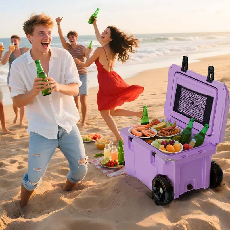 55 Quart Cooler With Wheels, Ice Chests Portable Camping Cooler Holds Ice Up To 6 Days, Leak-proof Outdoor Insulated Cooler With Handle, Cup Holders, Hard Cooler For Camping, Beach, Boat