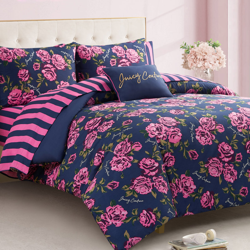 Juicy Couture Rose Logo Comforter Set Bed in a Bag, King Comforter + 7 Additional Pieces