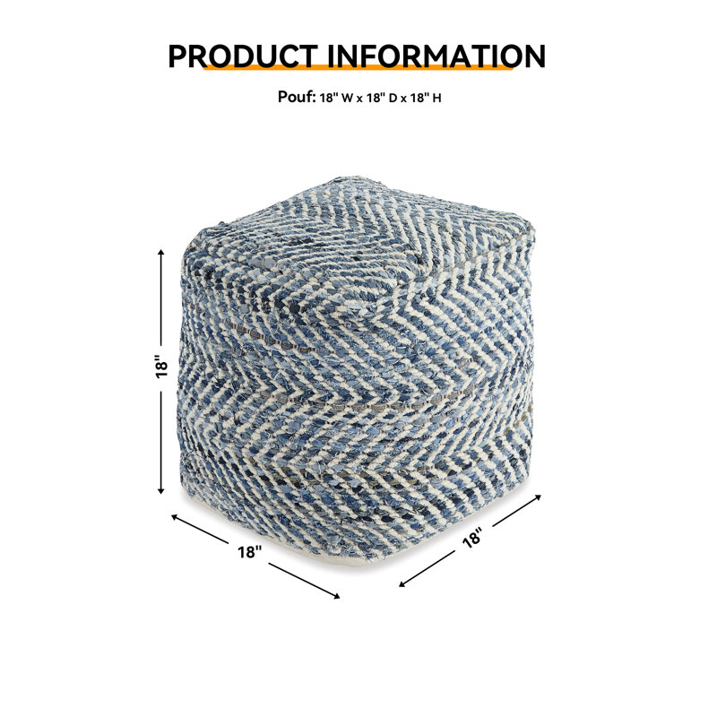 Contemporary Blue Denim Woven Pouf Ottoman 18"