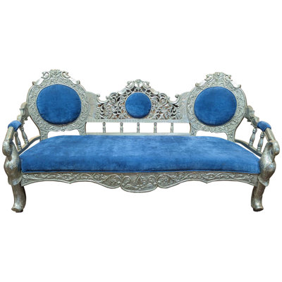 Royal Silver Hand Carved Indian Maharaja Sofa with Blue Velvet Seating