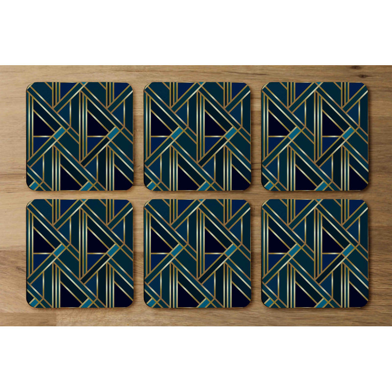 Square 6 Piece Coaster Set, Blue/Gold/Black