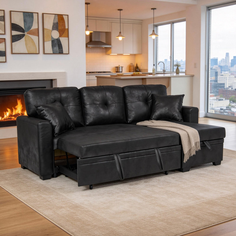 Canapé modulaire en L avec lit escamotable, Polyuréthane noir