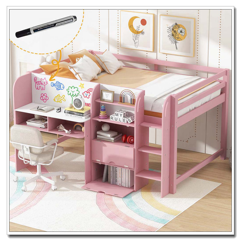 Lit avec bureau intégré, armoires de rangement et bibliothèque ouverte, Rose