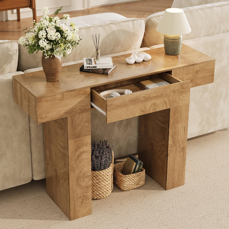 47-Inch Long Console Table with Drawer, Wooden Rectangular Sofa Table Behind The Couch, Industrial Farmhouse Entryway Foyer Hallway Tables