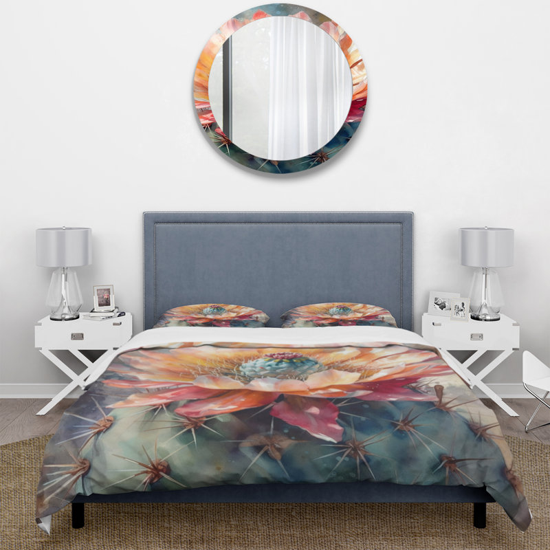 Ensemble de housse de couette en microfibre / polyester orange-vert Cactus Flower III