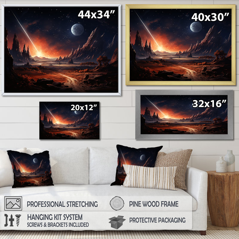 «Futur Cosmic Sunrise On Moon III», art mural de la planète espace, Cadre flottant noir, H 16 po x l 32 po x P 1 po