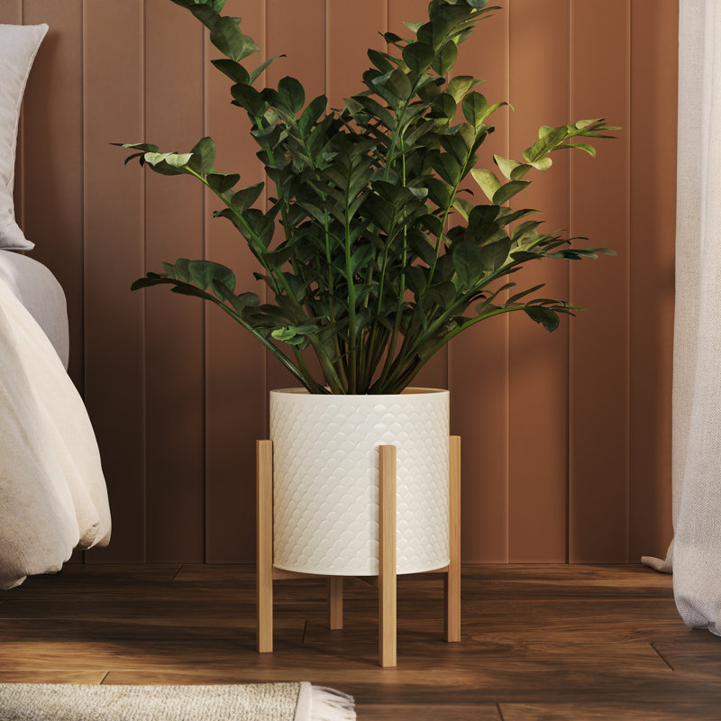 Beige Ceramic Planter with Wooden 4-Leg Base, 18.25" Height