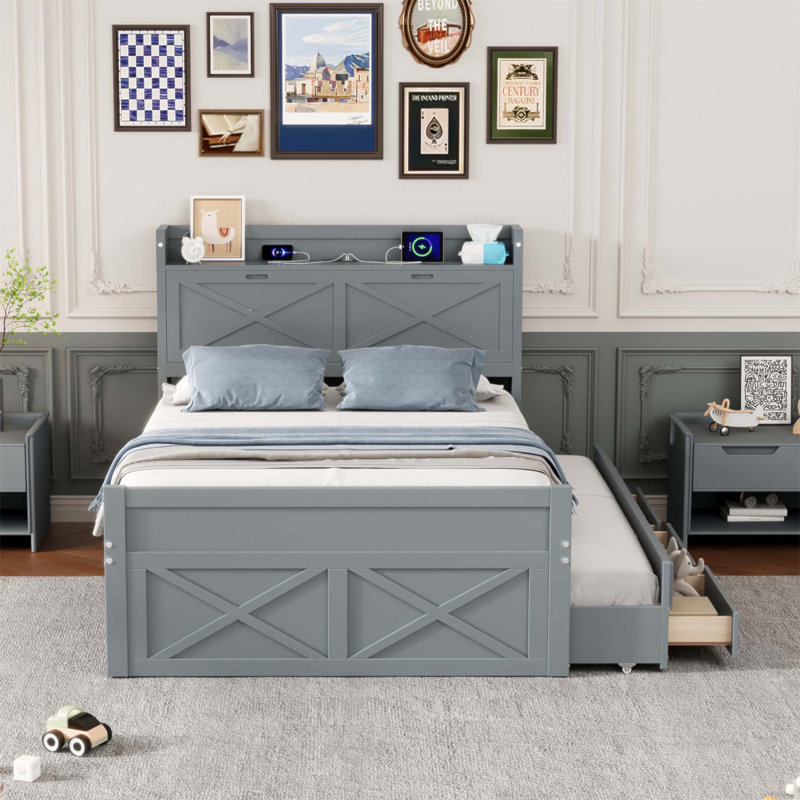 Lit en bois avec tête de lit, prises de courant et lit gigogne extensible avec trois tiroirs pour plus d'espace, Lit simple