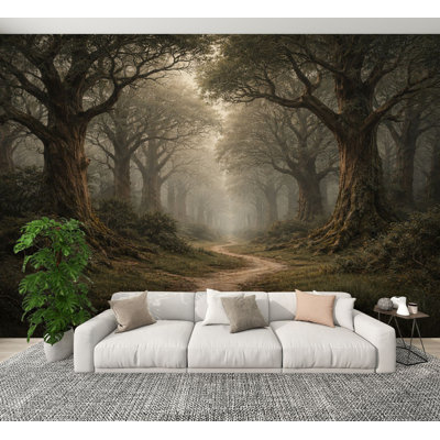Papier peint adhésif autocollant Serene Forest Path Majestic Oak Trees