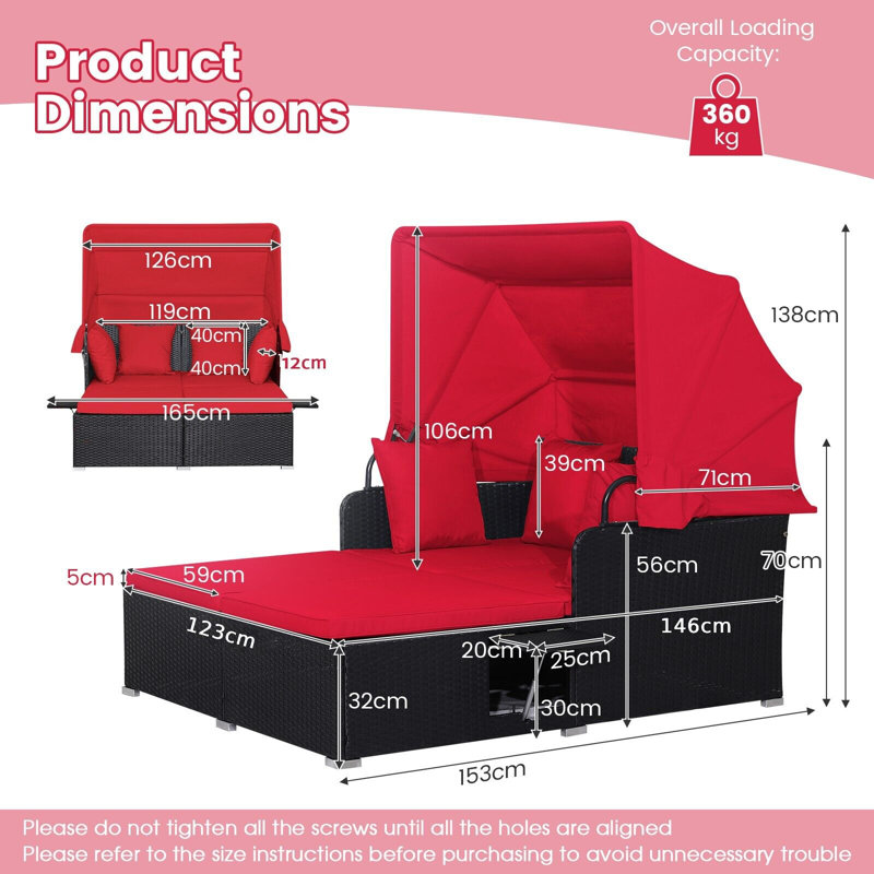 165cm Long Double Chaise with Cushions, Red