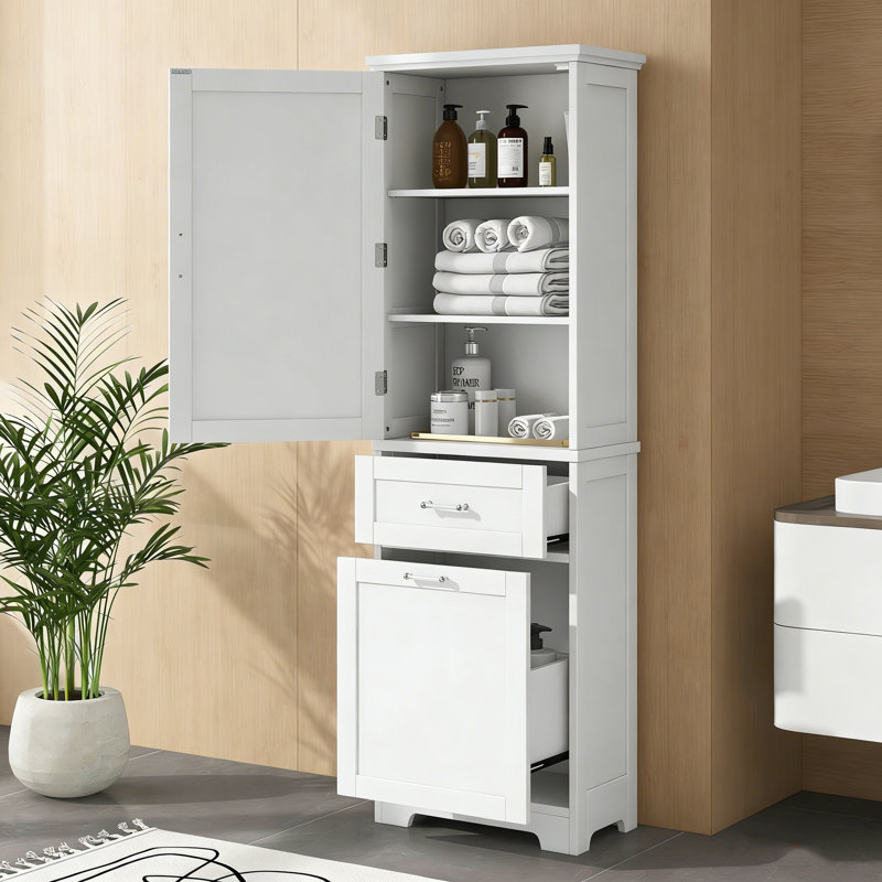 Tall Freestanding Bathroom Storage Cabinet - Dual Different-Size Drawers & Adjustable Shelf, Painted MDF, White