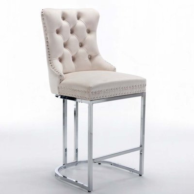 Velvet Barstools with Button Back&Rivet Trim Upholstered Kitchen Island Chairs