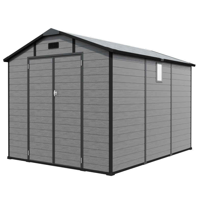 8x10 Ft Plastic Outdoor Storage Shed, Lockable Resin Structure In Dark Gray, Featuring Window And Skylight, Good For Workshop, Patio Furniture, Lawn Mowers, Quick To Assemble Shed Air Vents Ideal