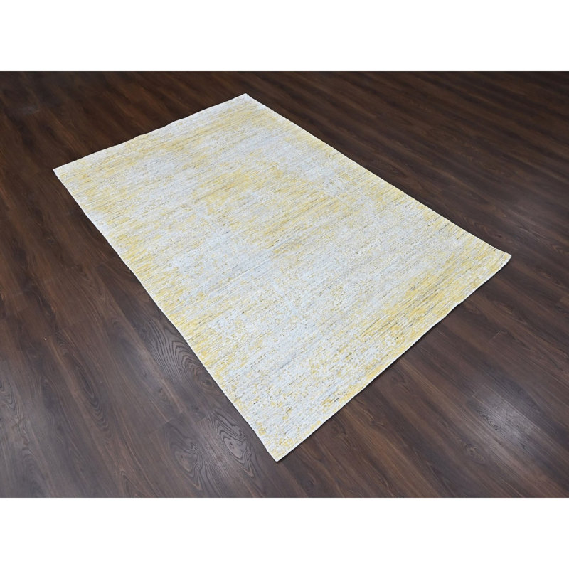 Tapis oriental 6 pi x 9 pi jaune Macaroon, velours texturé, tissé à la main, soie à base de laine et de plantes, design moderne