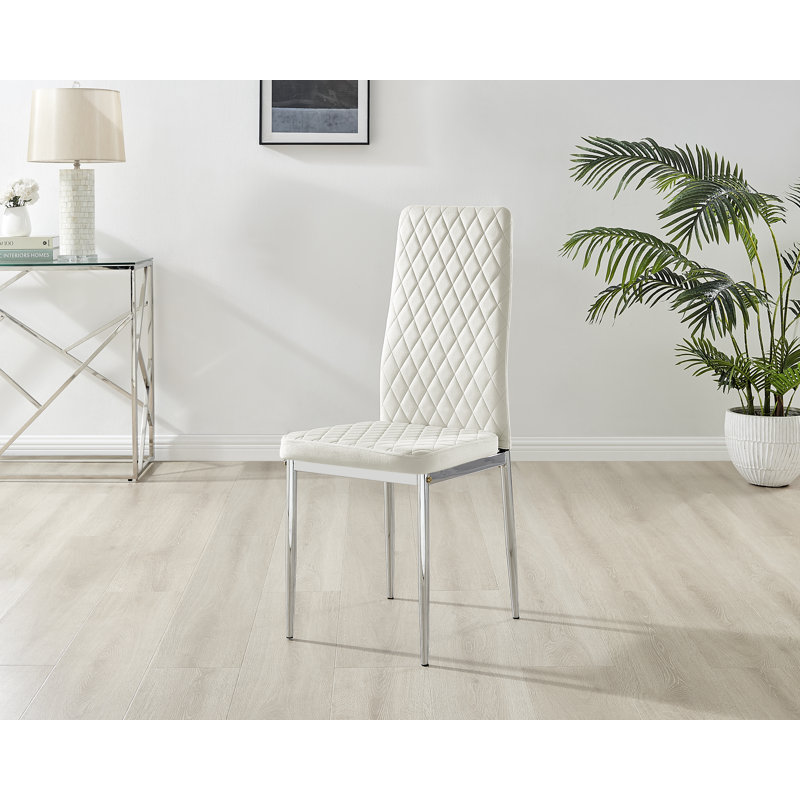 Keensburg Luxury Velvet Modern Tall Back Dining Chairs with Metal Legs & Diamond Stitching, Cream, Silver