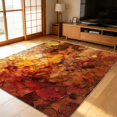 1PC Burnt Orange Gold Textured Abstract Impasto Oil Painting area rugs for Living Room, Soft and Comfortable, Suitable for all seasons, easy-to-maintain, machine washable Indoor floor mat, Under Table Farmhouse suitable for dining room, bedroom,