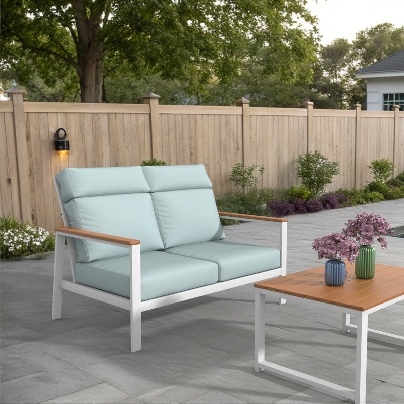 Townsend Metal Outdoor Loveseat With Sunbrella Cushion, Bliss Dew, Brown