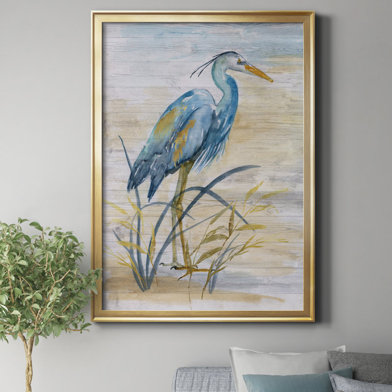 «Blue Heron I» par J Paul - peinture sur toile encadrée, H 30,5 po x l 22,5 po x P 1,5 po, Doré