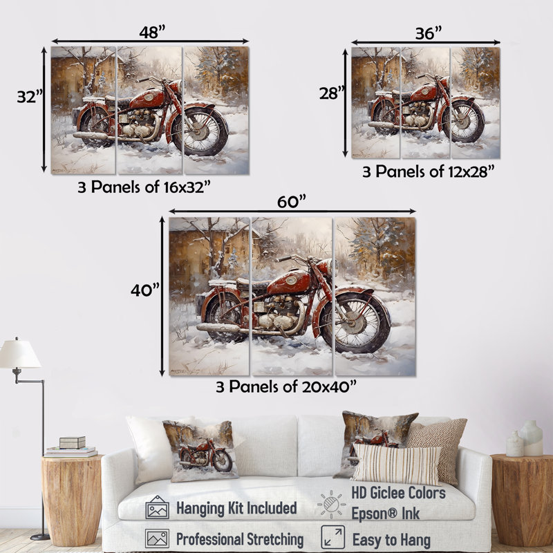 Red Rustic Bike In Winter - Ensemble de salon d'art mural moto, Toile tendue, H 32 po x l 48 po x P 1 po