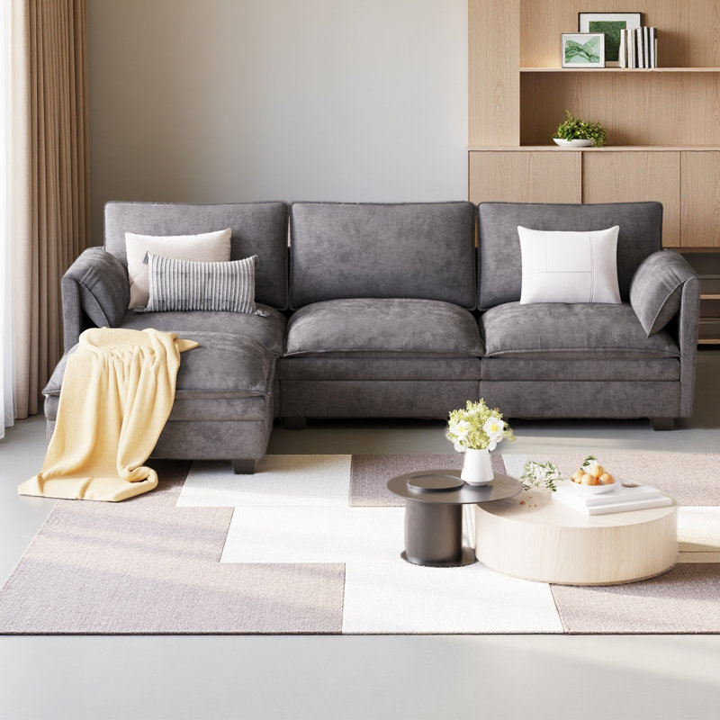 Canapé de grande taille à 3 places de 107,8 po, canapés en forme de L avec repose-pieds mobile, accoudoirs avec poches, fauteuils en tissu modernes pour le salon