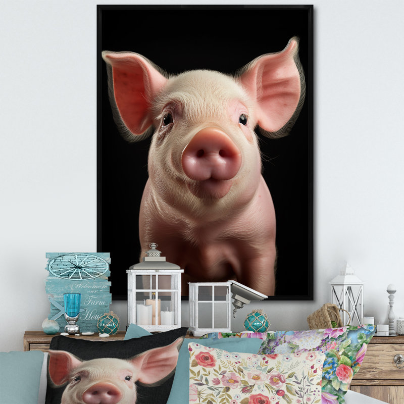 Cochon rose curieux sur toile, H 20 po x l 12 po x P 1 po, Cadre flottant noir