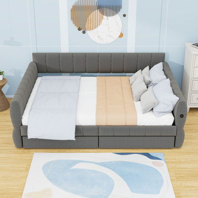 Queen Size Lambswool Upholstered Daybed with USB Ports and Storage Drawers