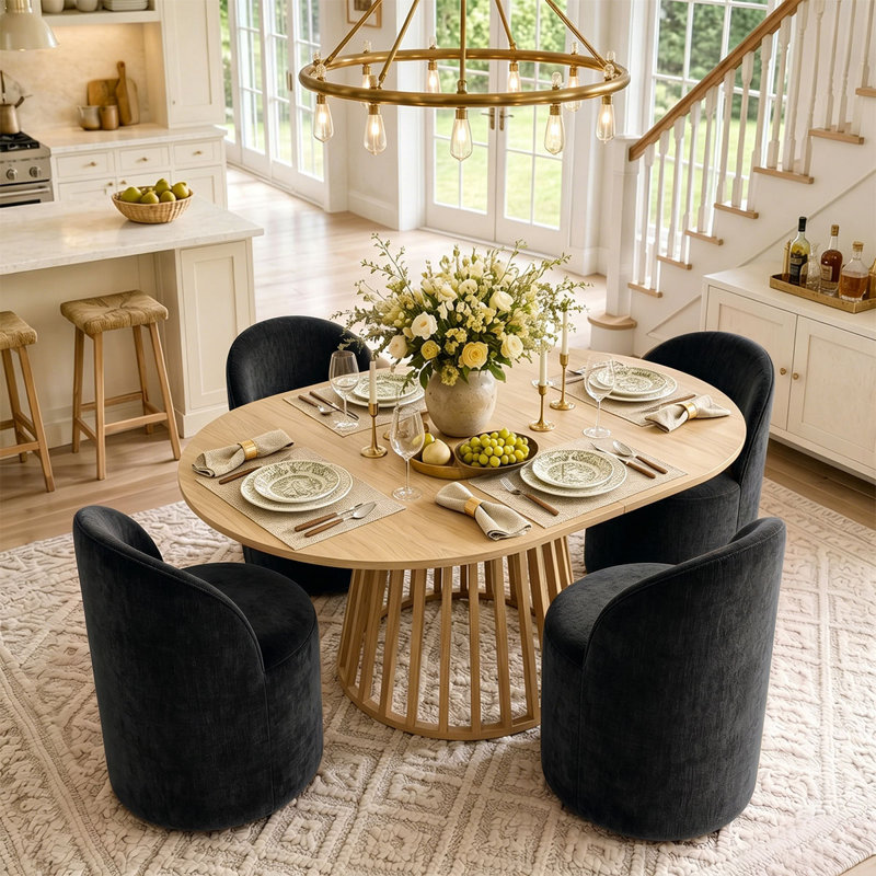 4 - Person Dining Table Sets With Extendabe Oval Table & 4 Upholstered Chenille Rolling Chairs, Black