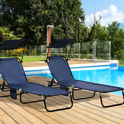 Chaises longues inclinables bleu foncé pour patio - avec structure en acier et auvent pliable