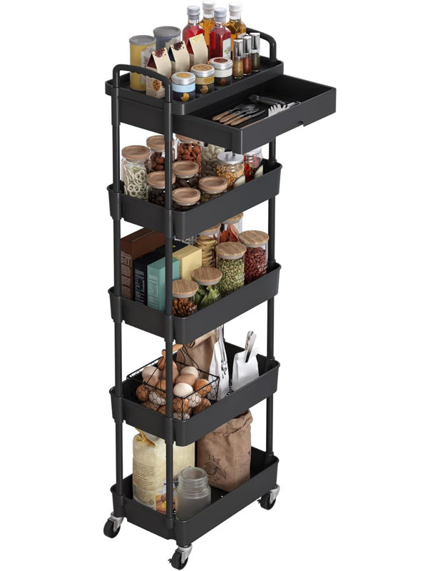 5 Tier Rolling Utility Cart with Drawer,Utility Cart Made of Multifunctional Storage Organizer Tool, Black