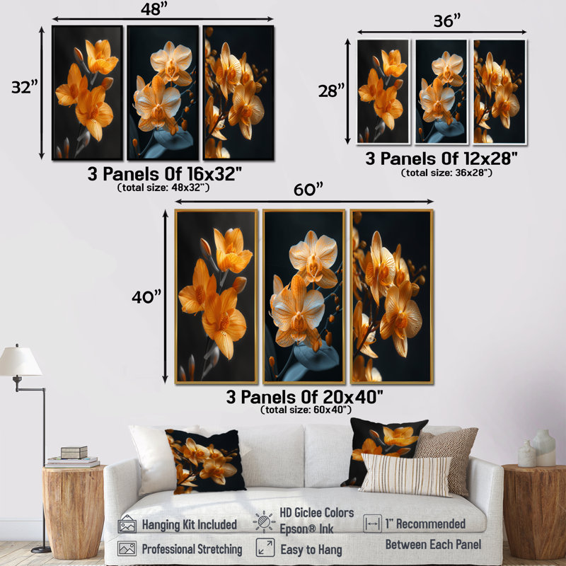 Orchidées parfumées oranges noires - Photo I - Collection d'orchidées sur toile, H 40 po x l 60 po, Toile tendue